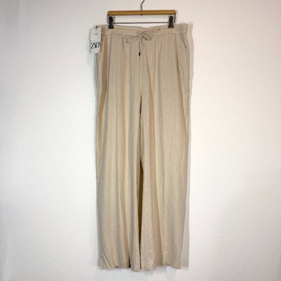 Zara Linen Wide Leg Drawstring Pants Beige Neutral Vacation Beach XL - Picture 1 of 13